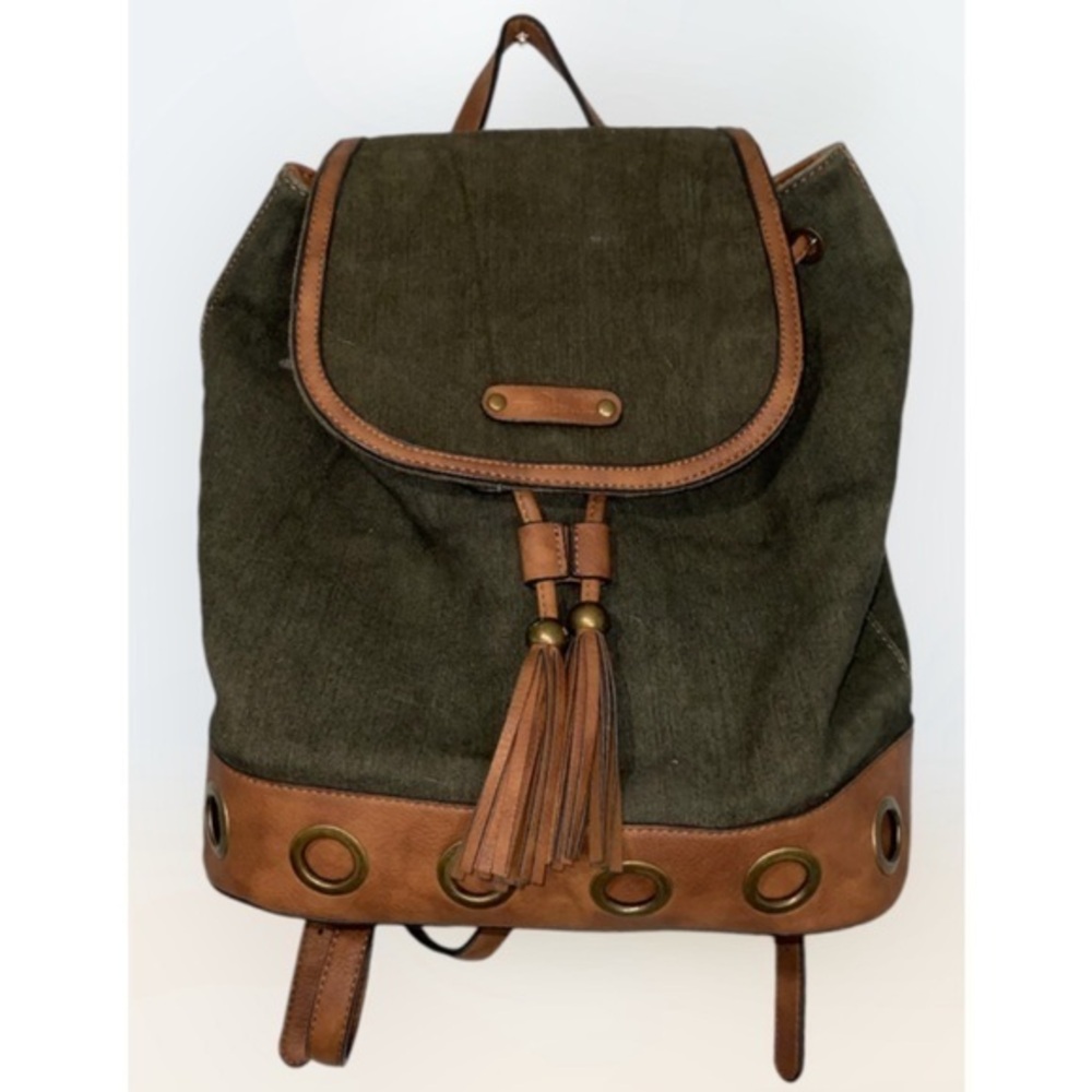 Simply Noelle Olive~Tan Canvas~Faux Leather Backpack 13X16X6 Adjustable Straps